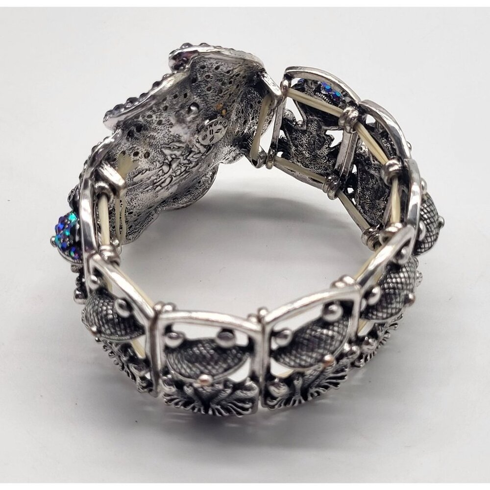 YUHONG Rhinestone Stretch Silver Tone Bracelet FROG Whimsical Bling Fairy Flower - Picture 3 of 12